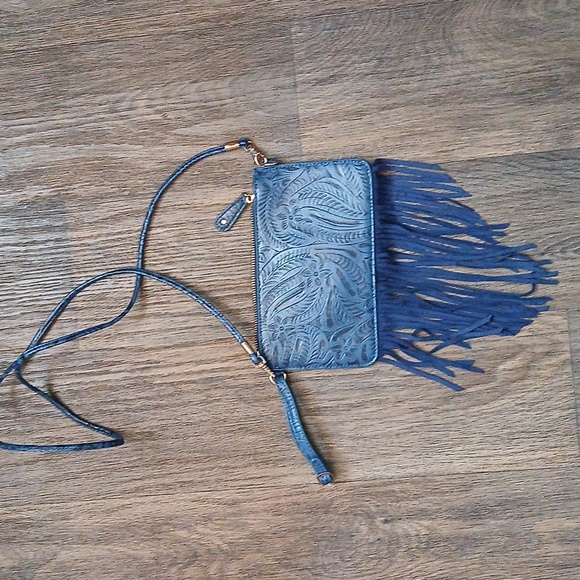 Free People Blue Embossed Fringe Bag. - Picture 2 of 14